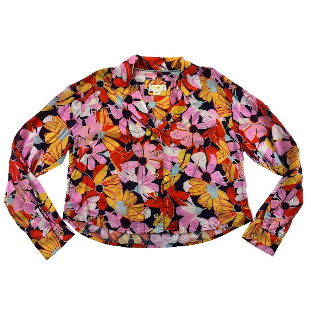 Maeve Anthropologie Floral Modal Button Down Blouse Pink Orange XS Boho Retro